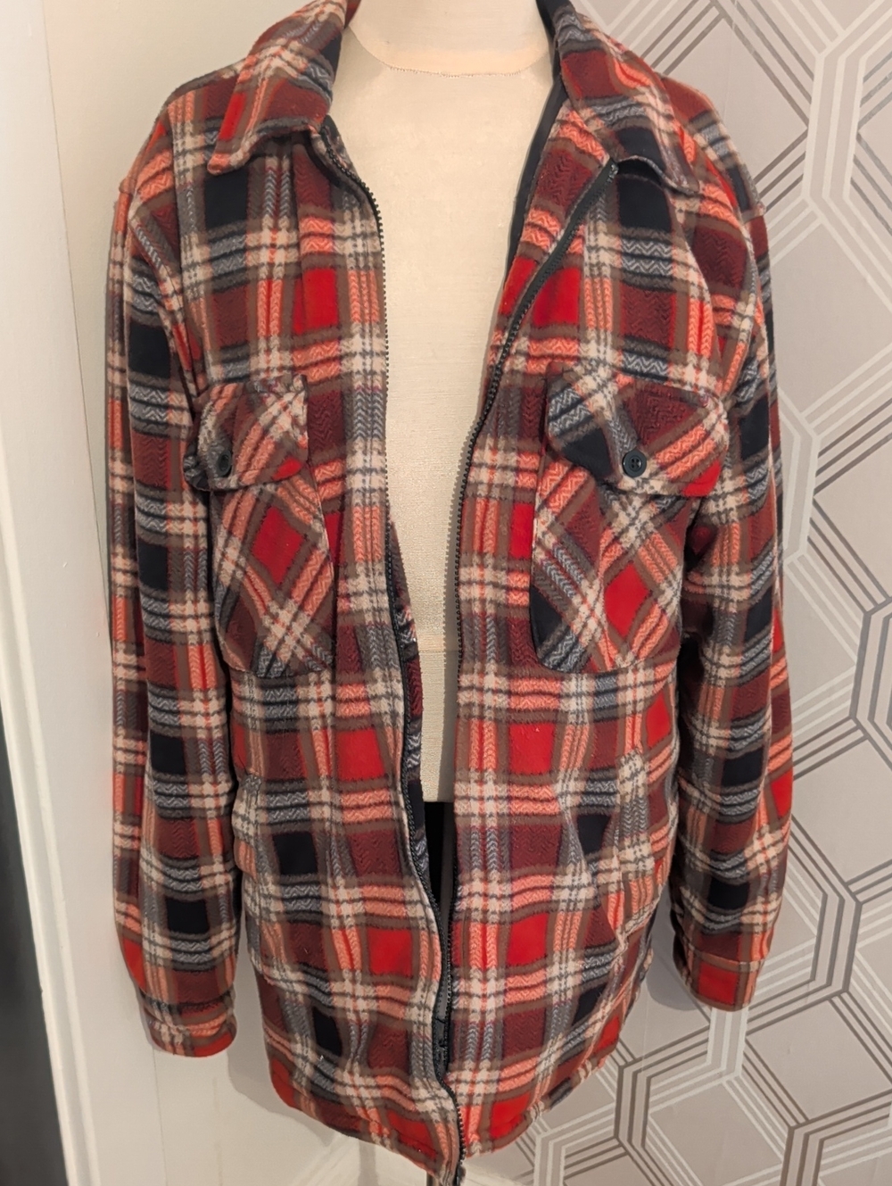 Men's Red Plaid Quilted Zip-Front Utility Jacket